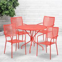 Flash Furniture CO-35RD-02CHR4-RED-GG 35.25" Round Table Set with 4 Square Back Chairs in Coral